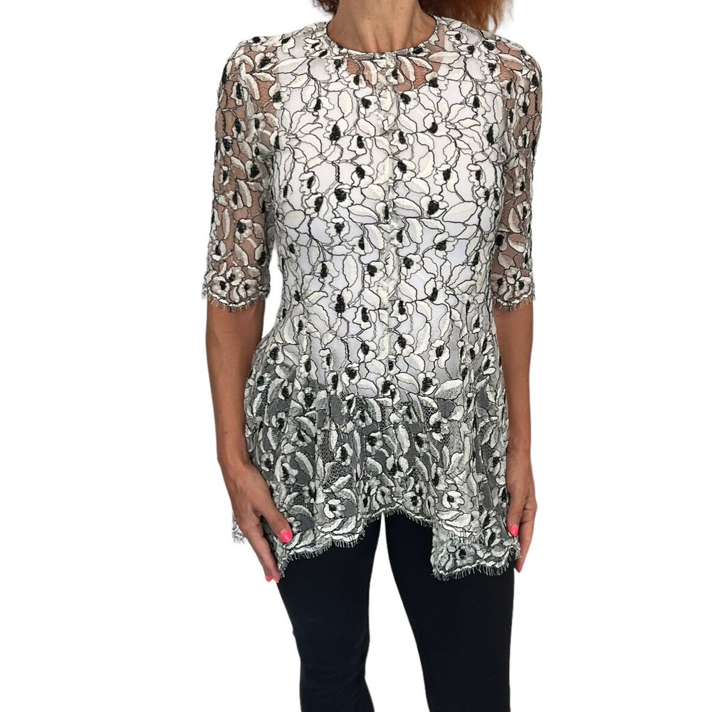 $1195 LELA ROSE LACE FLARE HEM Asymmetric Black Ivory guipure lace Flare TOP 6 - Picture 6 of 14